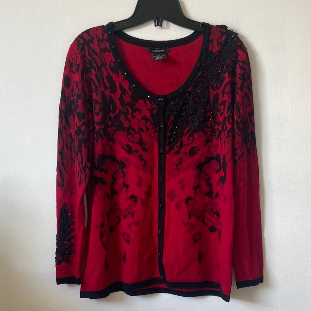 Alison Sheri Red and Black Button-Up Cardigan Size L